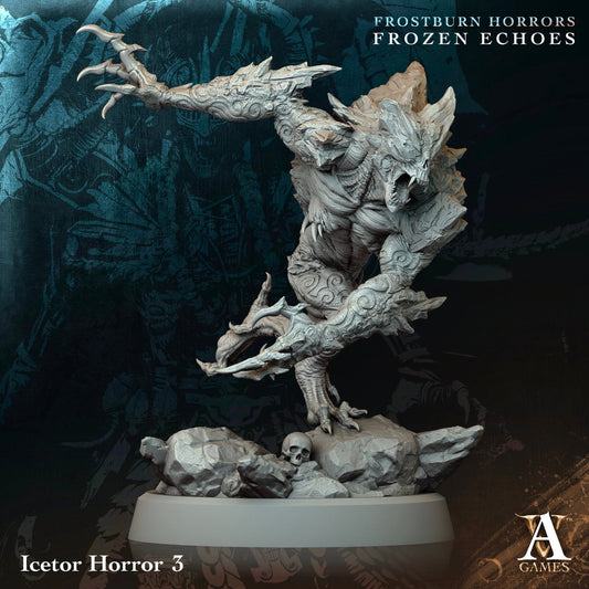 Icetor Horror lunging forward with extended claws, dynamic pose emphasizing its icy spikes and frost-themed design on a rocky base.