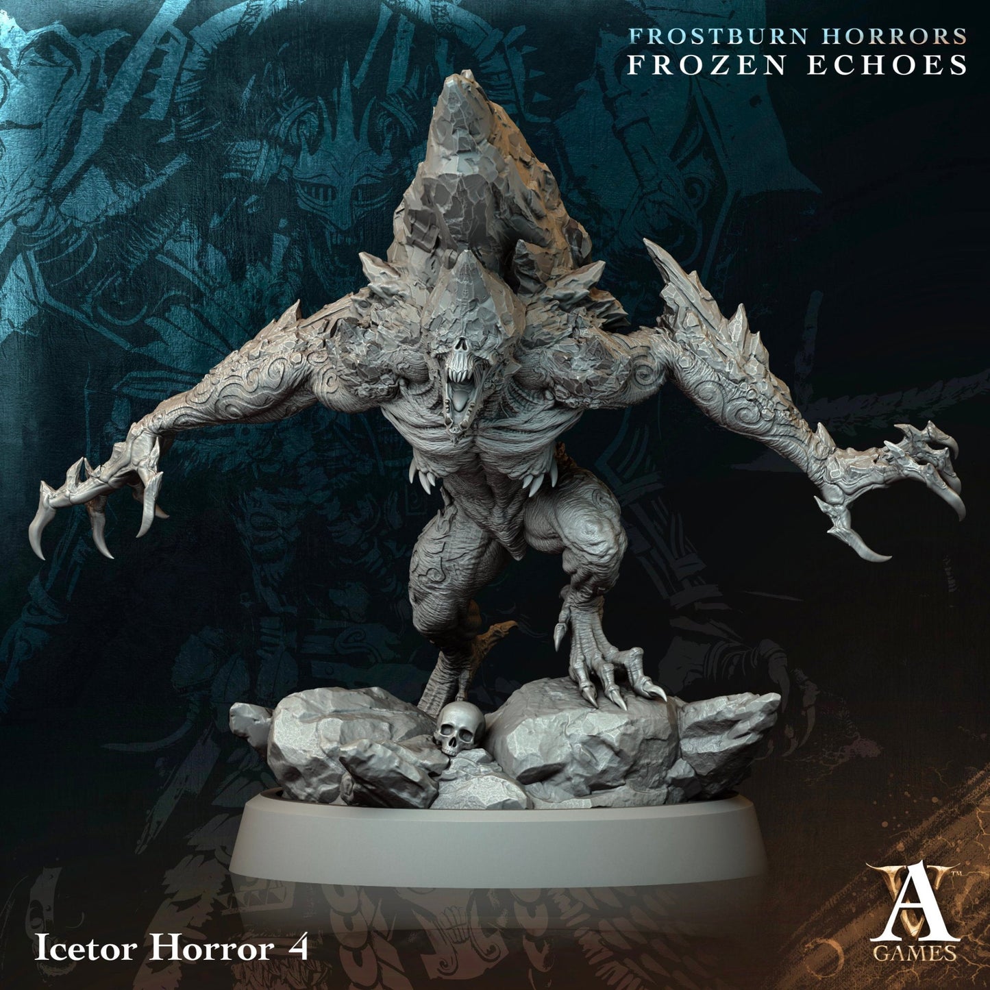 Icetor Horror roaring in an aggressive stance, showcasing its jagged ice formations and intricate rune details on its monstrous figure.