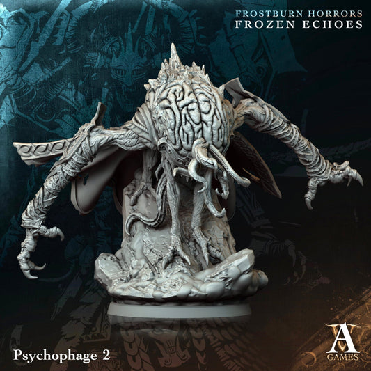 Psychophage standing menacingly on a rocky base, tendrils reaching forward, with an exposed brain-like structure and sharp claws.