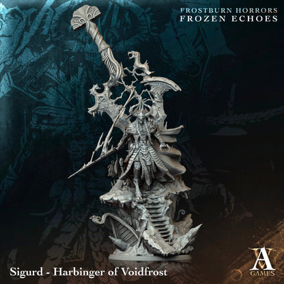 Sigurd - Harbinger of Voidfrost, a gargantuan demon miniature seated on a jagged iceberg throne, wielding icy weapons and an imposing aura of frost.