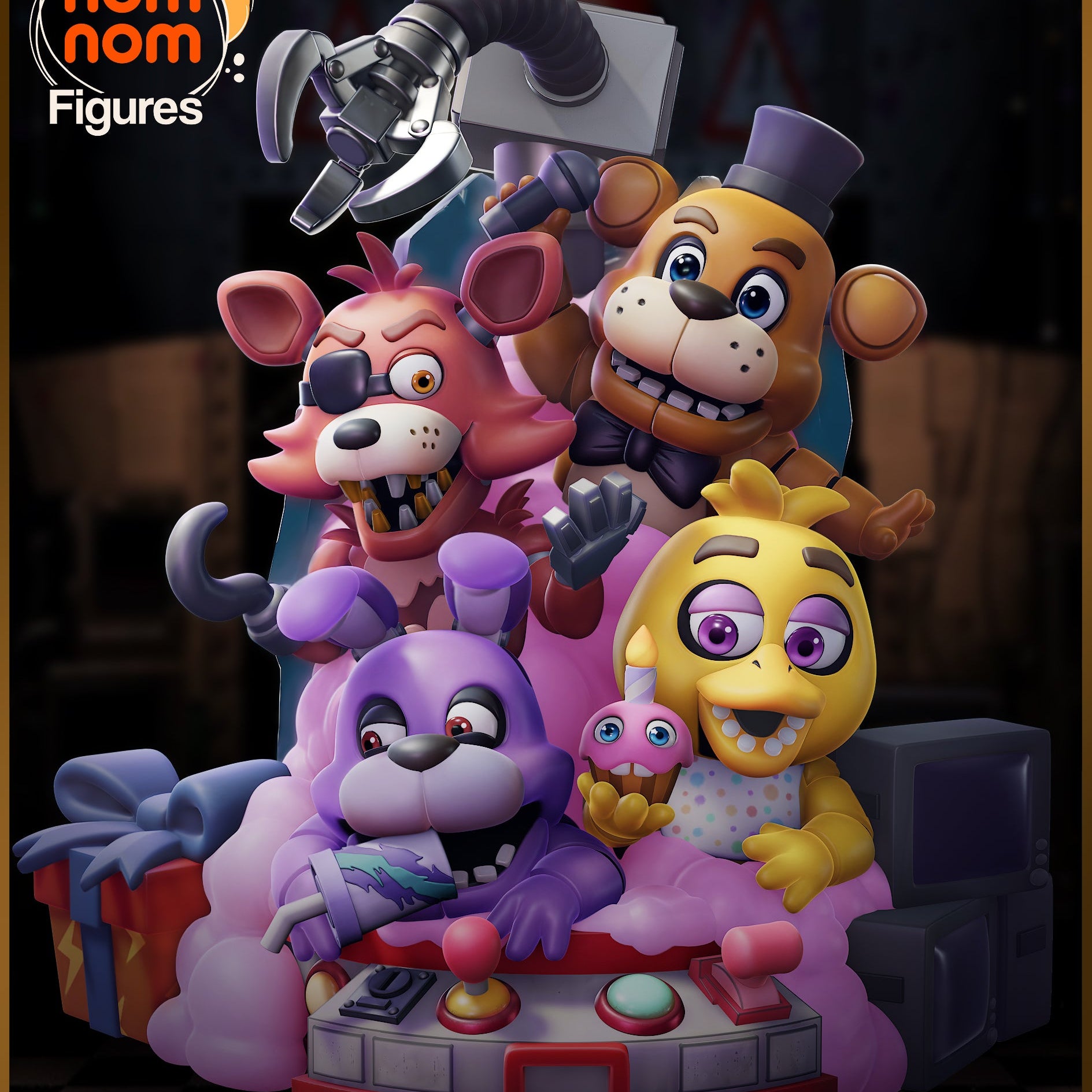five nights at freddy’s chibi diorama full color render featuring freddy bonnie chica foxy and arcade claw arm posed on joystick base with gift box and monitors