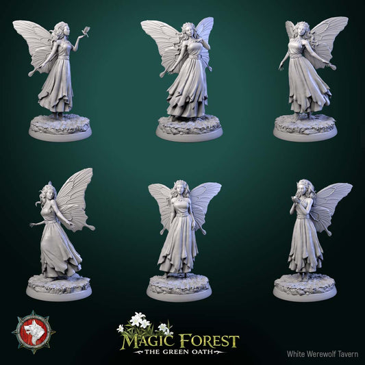 Female fey spirit fairy miniatures with large butterfly wings and flowing dress, barefoot woodland character for Dungeons and Dragons Pathfinder tabletop RPG.
