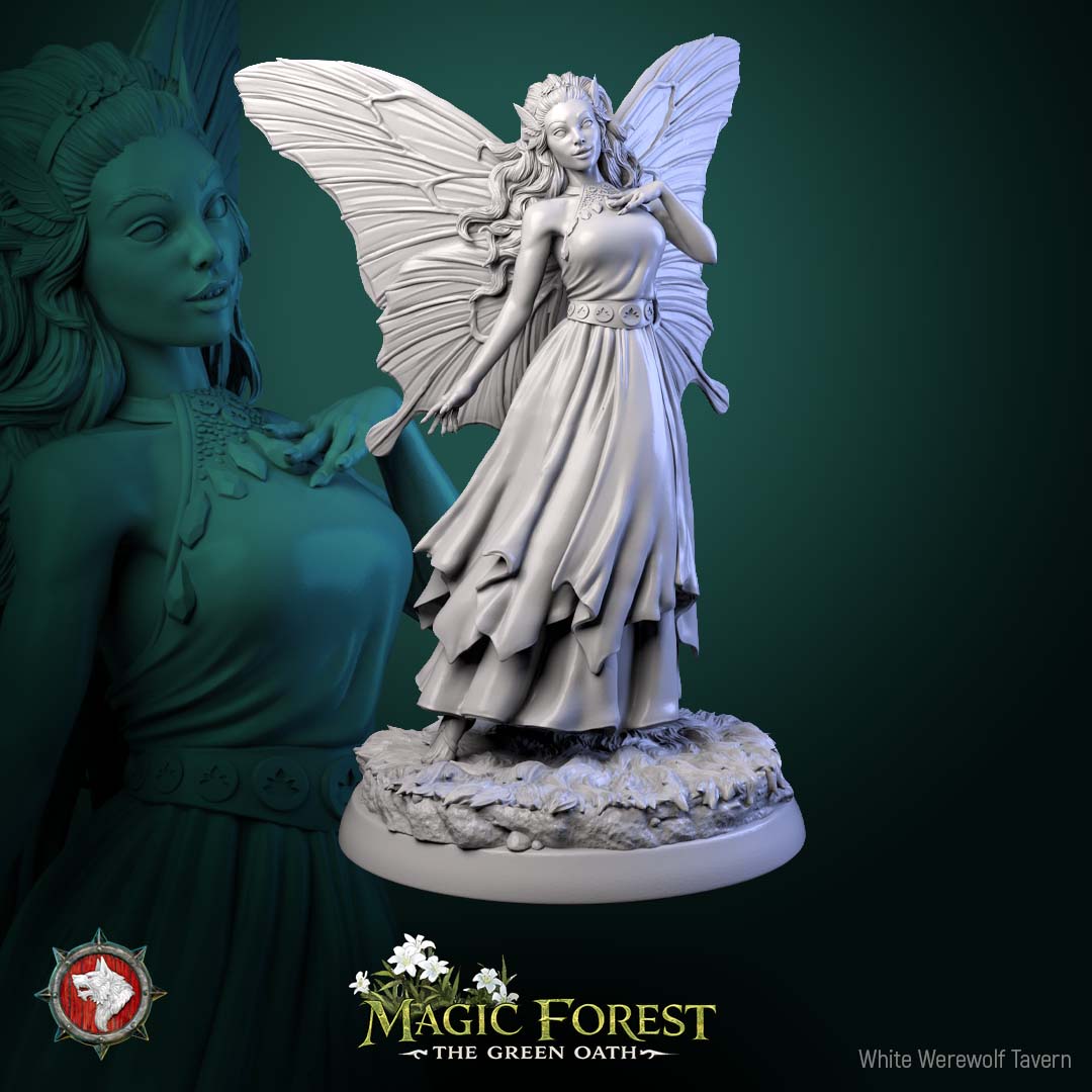 Female fairy miniature holding small bird on raised hand, wings extended, flowing gown, woodland spirit character for Dungeons and Dragons Pathfinder tabletop RPG.