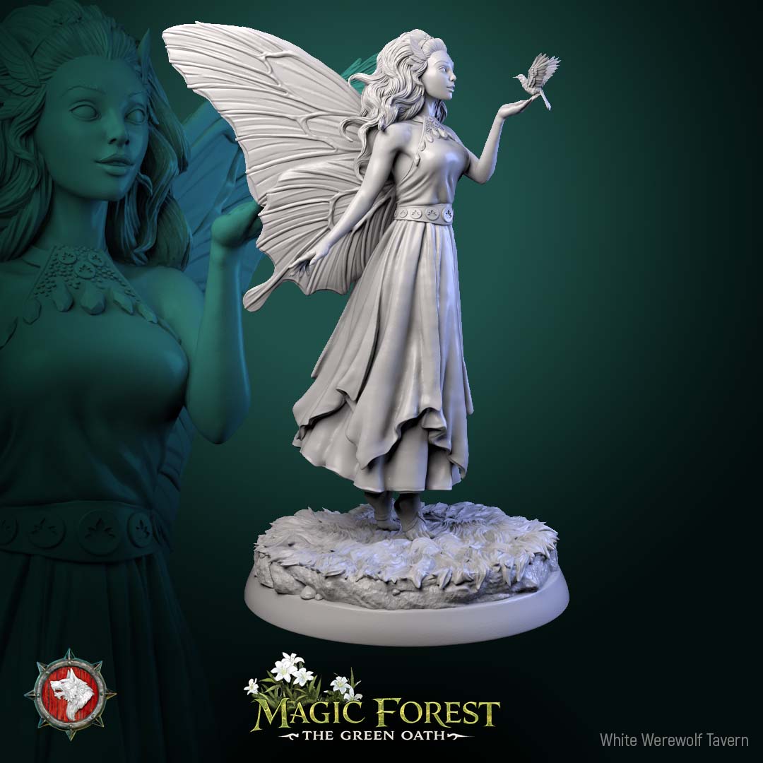 Female fairy miniature standing with hand lifted near shoulder, butterfly wings spread, layered dress flowing, fey spirit for Dungeons and Dragons Pathfinder tabletop RPG.