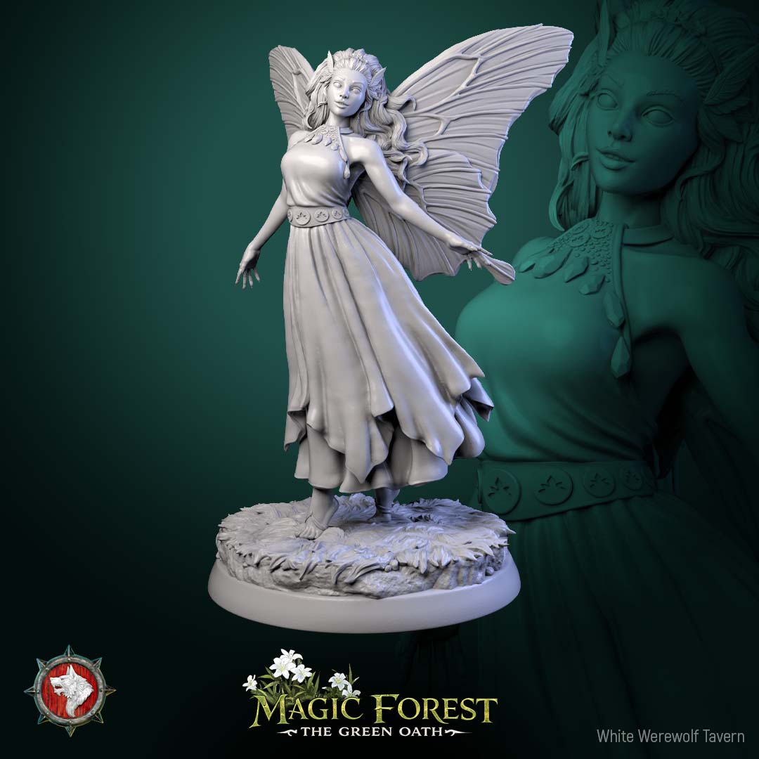 Female fairy miniature with arms gently extended, wings fully displayed, elegant stance woodland fey for Dungeons and Dragons Pathfinder tabletop RPG.
