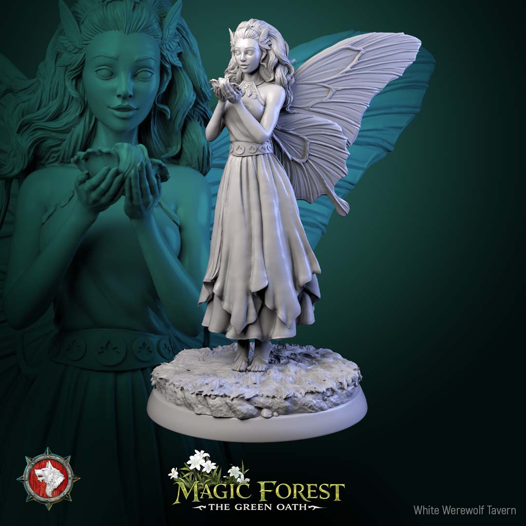 Female fairy miniature standing upright with relaxed arms, large wings and long hair, fey spirit NPC for Dungeons and Dragons Pathfinder tabletop RPG.