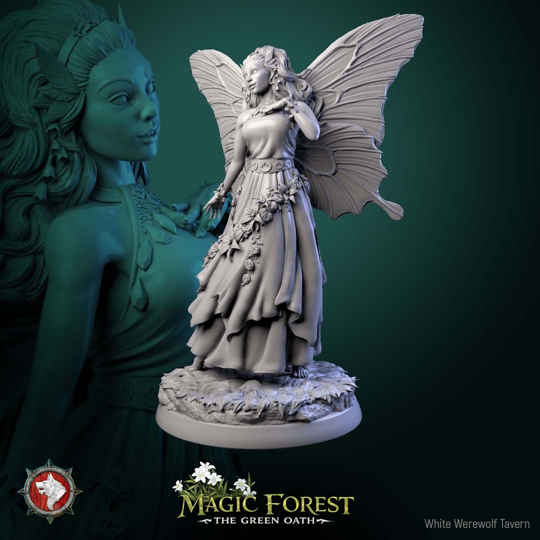 Female fairy miniature standing with hand lifted near shoulder, butterfly wings spread, layered dress flowing, fey spirit for Dungeons and Dragons Pathfinder tabletop RPG.