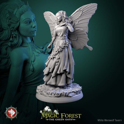 Female fairy miniature standing with hand lifted near shoulder, butterfly wings spread, layered dress flowing, fey spirit for Dungeons and Dragons Pathfinder tabletop RPG.