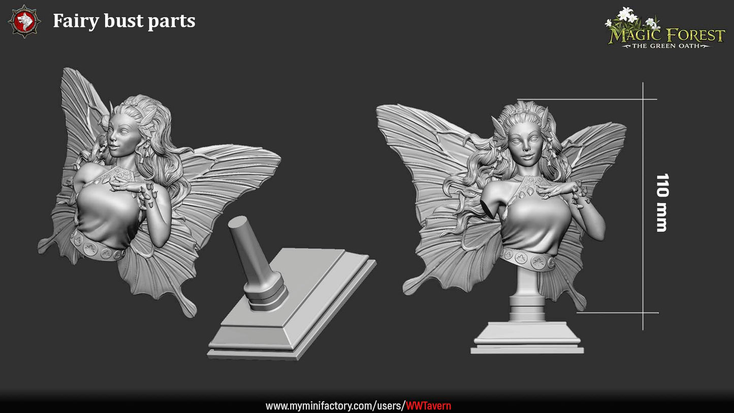 Female fairy bust with large butterfly wings, flowing hair, serene expression and woodland detailing, fantasy display sculpture for collectors.