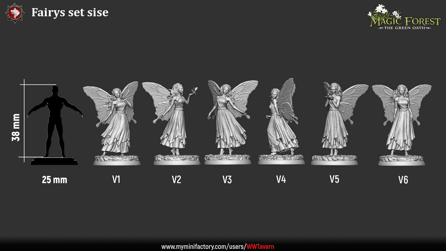 Female fey spirit fairy miniatures with large butterfly wings and flowing dress, barefoot woodland character for Dungeons and Dragons Pathfinder tabletop RPG.
