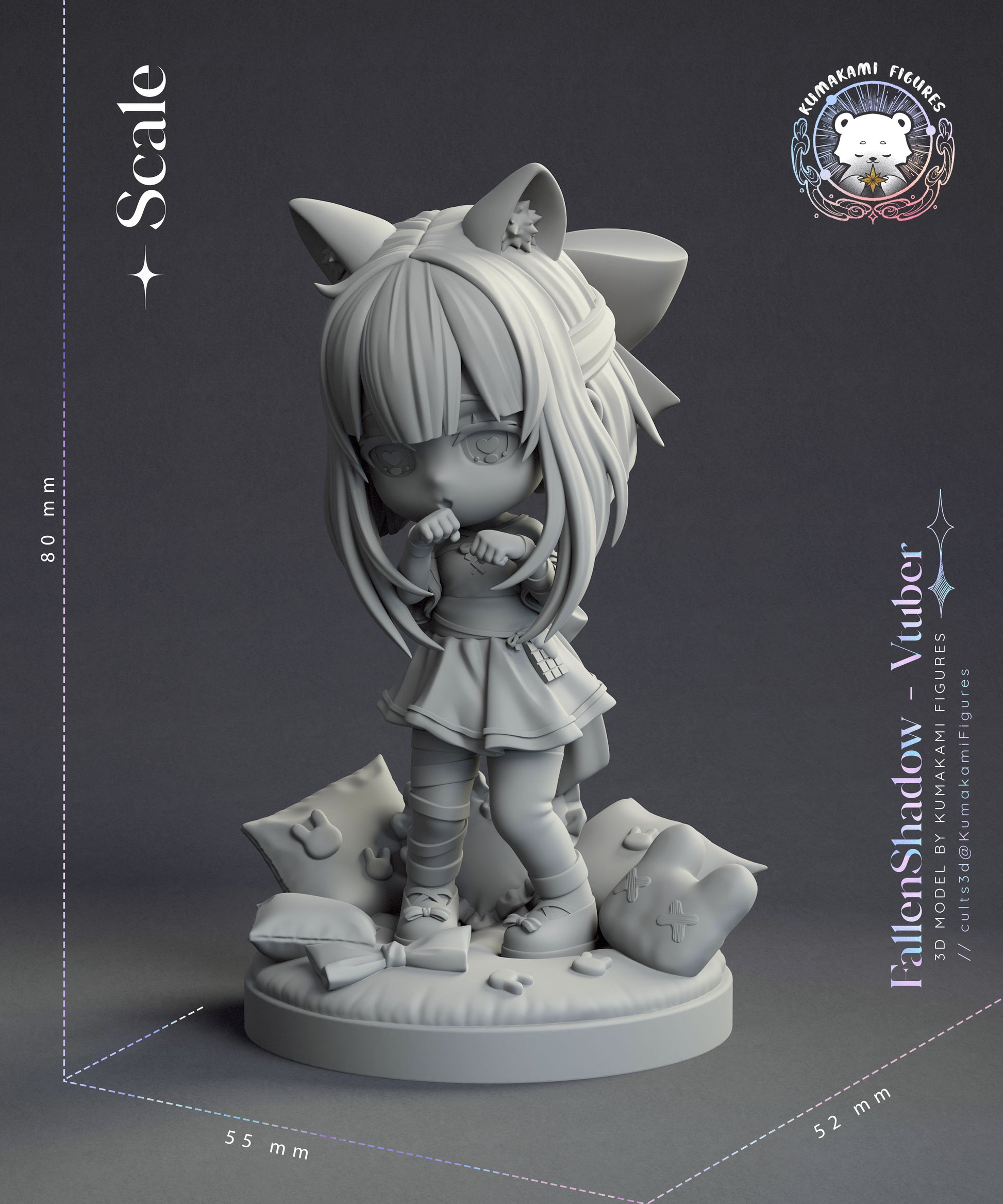 Chibi FallenShadow vtuber statue scale view showing large hair bow, layered hair sculpt, dress details, and pillow base arrangement, chibi anime collectible statue