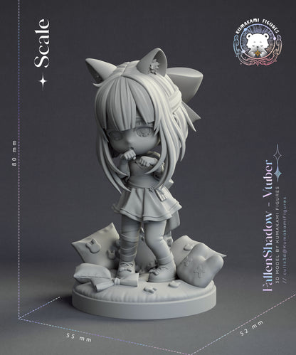 Chibi FallenShadow vtuber statue scale view showing large hair bow, layered hair sculpt, dress details, and pillow base arrangement, chibi anime collectible statue