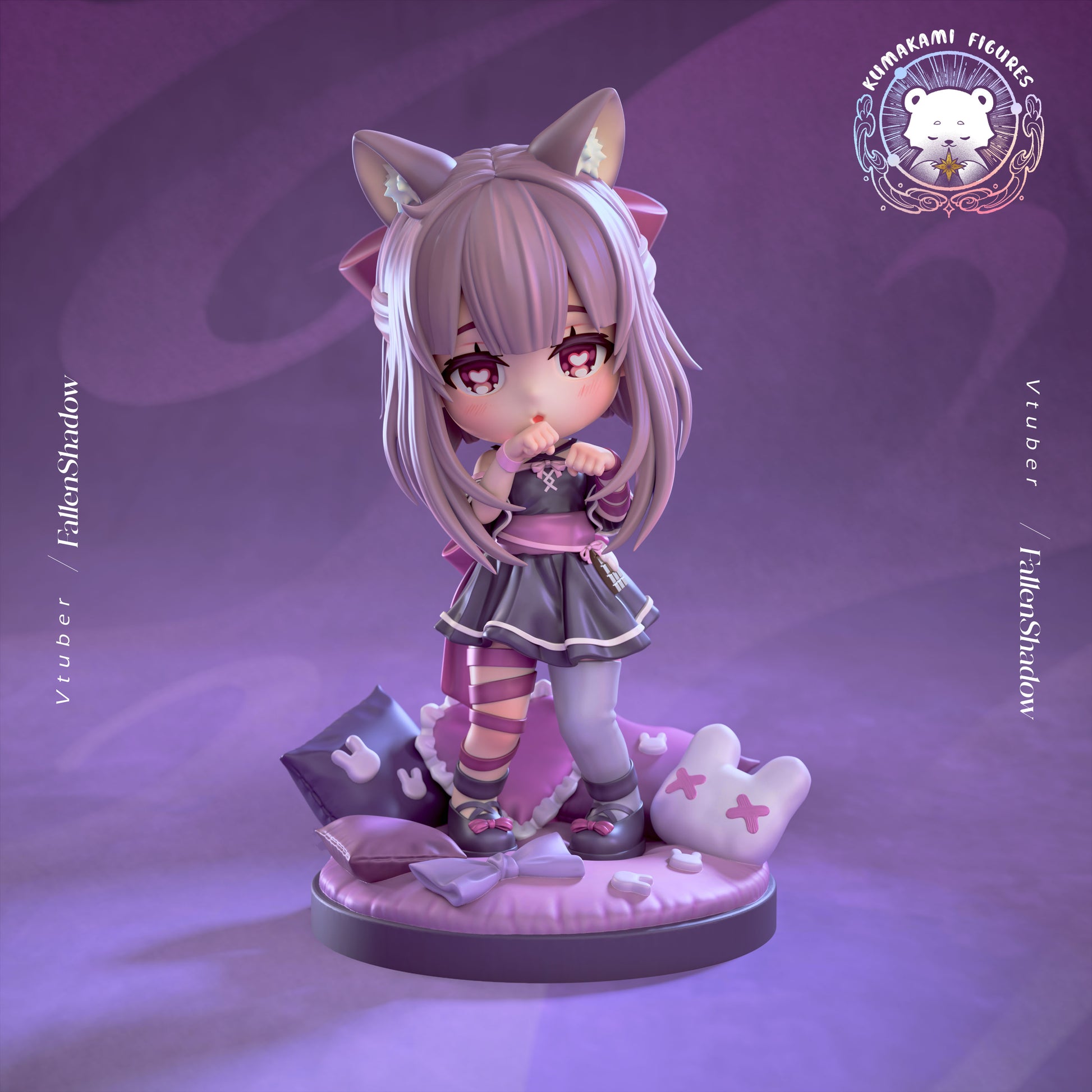 Chibi FallenShadow vtuber statue standing on a round pillow base with cat ears, shy hand pose, short dress, and detailed chibi proportions, anime-style collectible display figure