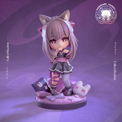 Chibi FallenShadow vtuber statue standing on a round pillow base with cat ears, shy hand pose, short dress, and detailed chibi proportions, anime-style collectible display figure
