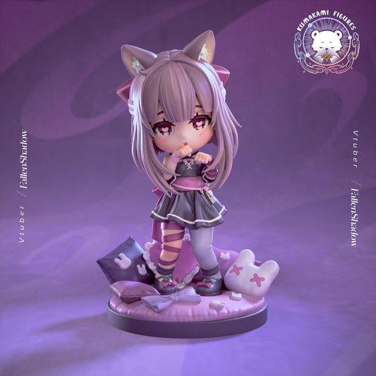 Chibi FallenShadow vtuber statue standing on a round pillow base with cat ears, shy hand pose, short dress, and detailed chibi proportions, anime-style collectible display figure