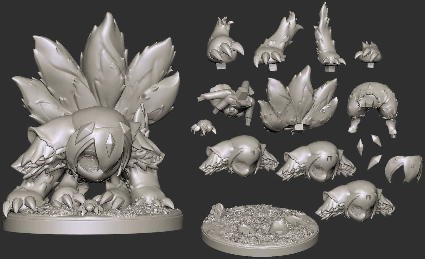 Faputa Made in the Abyss collectible figure parts layout showing head body limbs tails claws and base