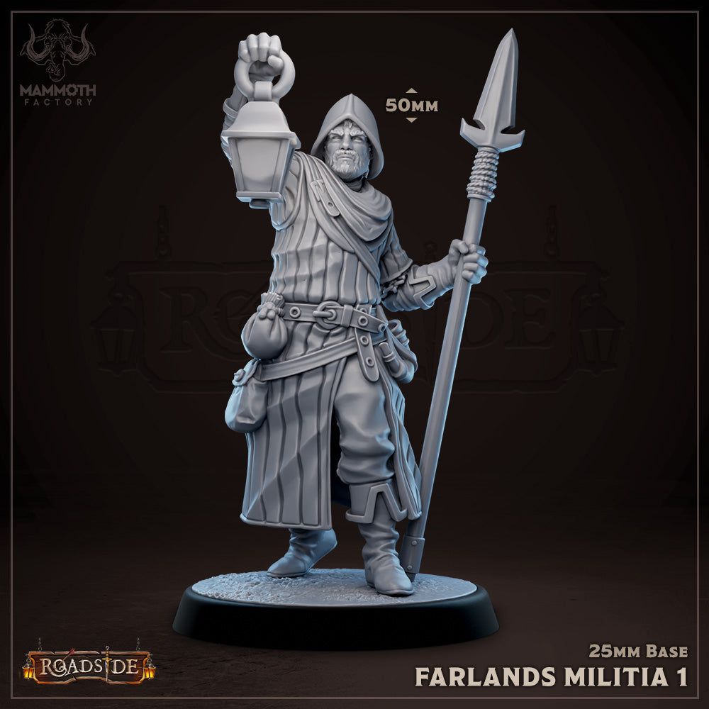 Farlands Militia figure holding a lantern and spear, with chainmail armor and a hood.