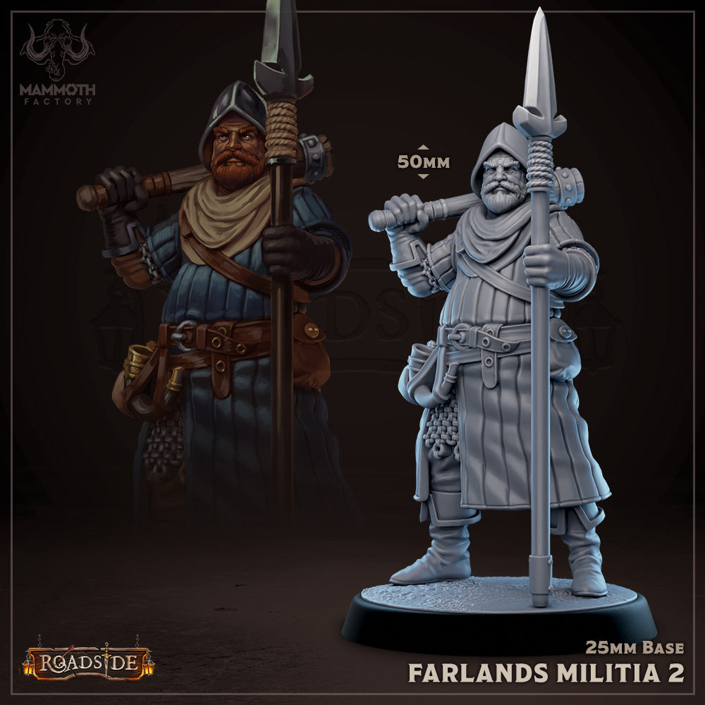 Farlands Militia figure holding a long spear and club, wearing chainmail and a hood.