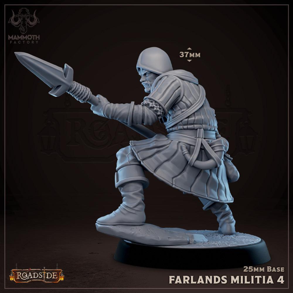 Farlands Militia figure in a ready stance with a short spear, wearing chainmail armo