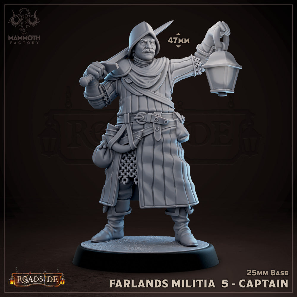 Farlands Militia Captain holding a lantern, armed with a short sword.