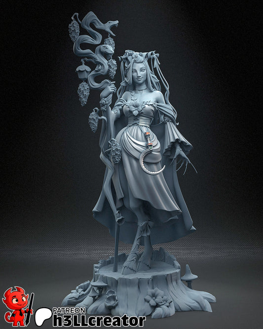 Front grayscale render of Fearne figurine holding a staff with serpent shapes and floral details, standing in a confident pose with faun legs and a sickle at her side.