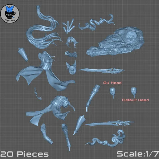 All modular pieces of Feixiao figure laid out, including body, sword, hair, base, and decorative effects.