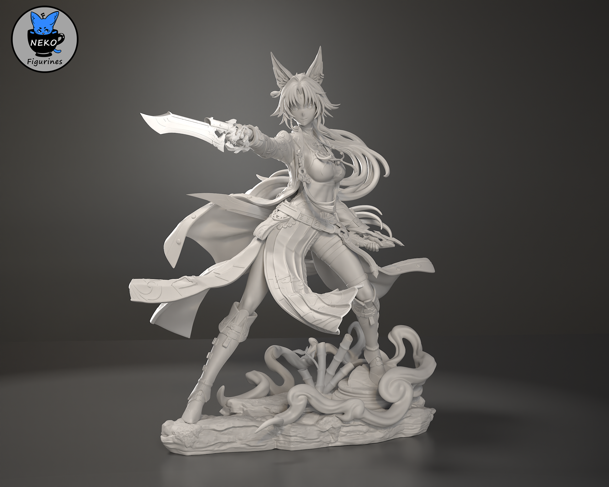 Unpainted Feixiao figure with sword raised, posed on swirling cloud base and ornate platform.