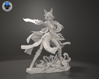 Unpainted Feixiao figure with sword raised, posed on swirling cloud base and ornate platform.