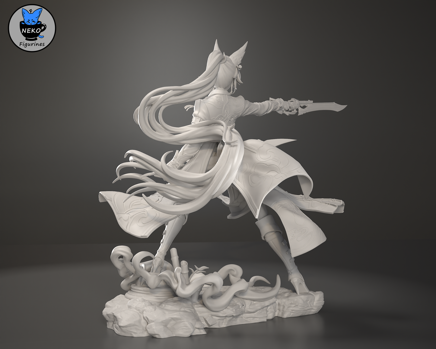 Side view of Feixiao figure emphasizing flowing ribbons, hair motion, and upward sword thrust.