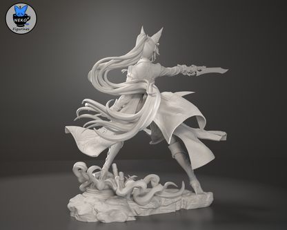 Side view of Feixiao figure emphasizing flowing ribbons, hair motion, and upward sword thrust.
