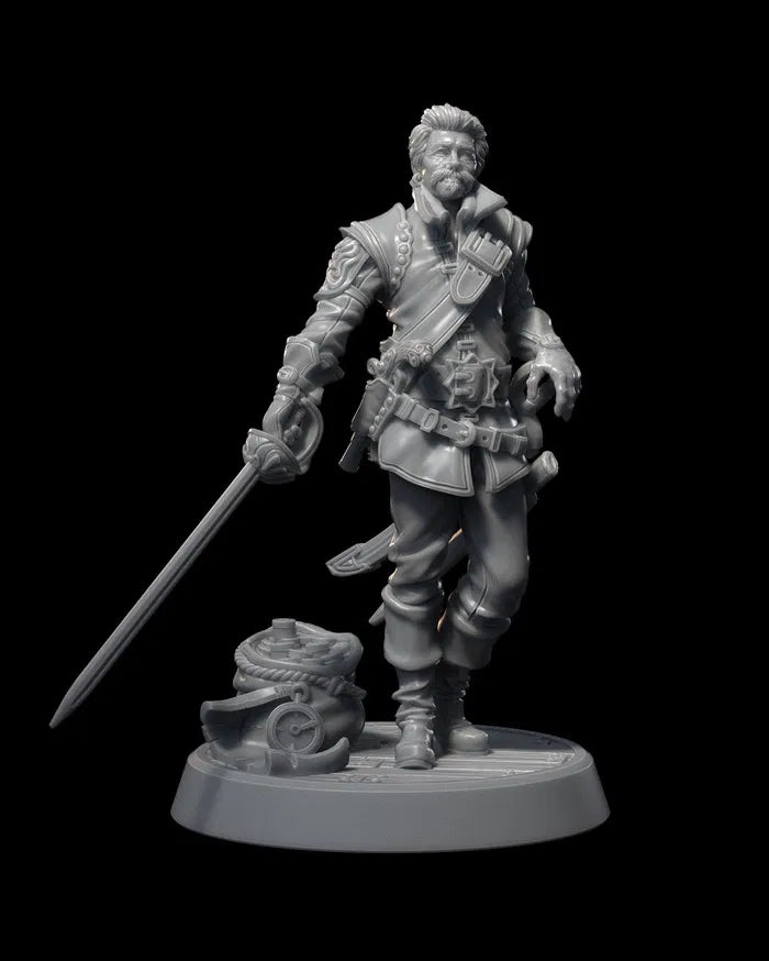 Ferdinand Aguja, a swordsman in pirate-themed attire, standing confidently with a rapier next to coiled bag of loot.