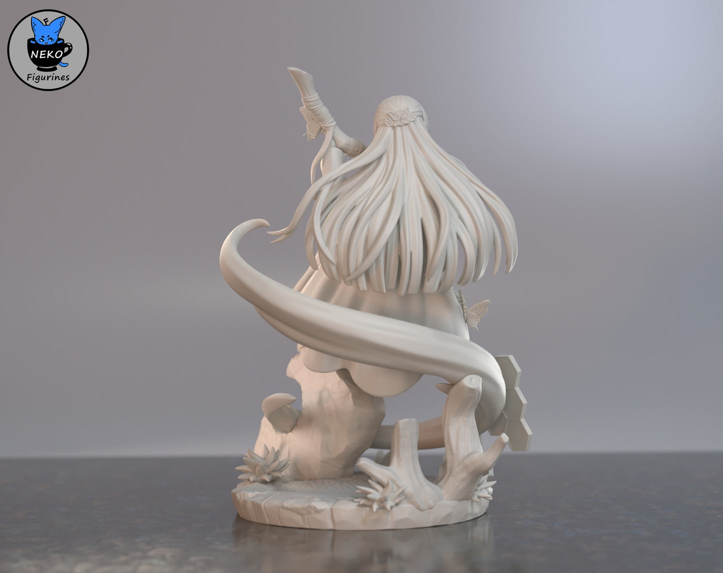 Rear view of unpainted Fern figurine with flowing hair, hex platform, and circular base
