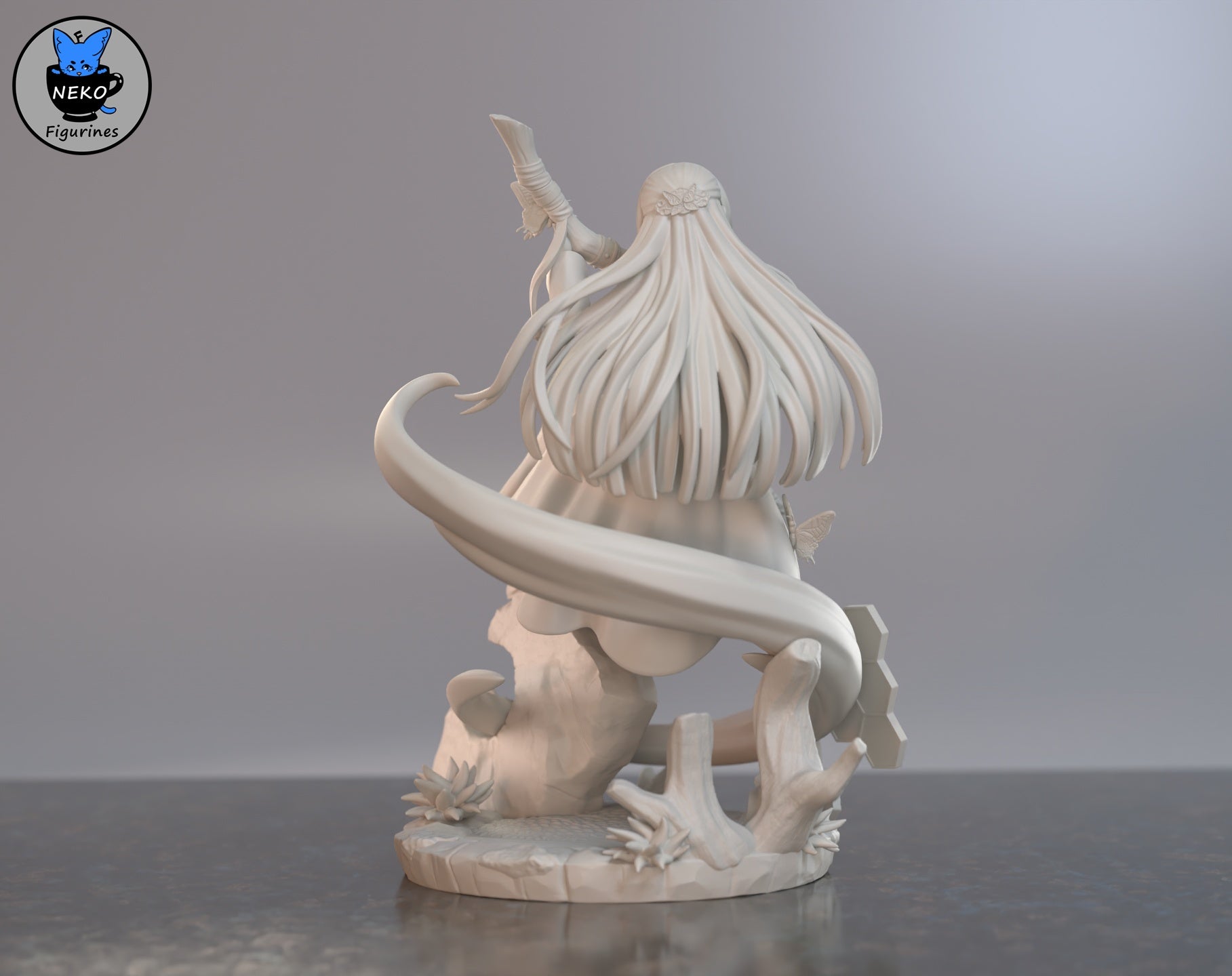 Rear view of unpainted Fern figurine with flowing hair, hex platform, and circular base