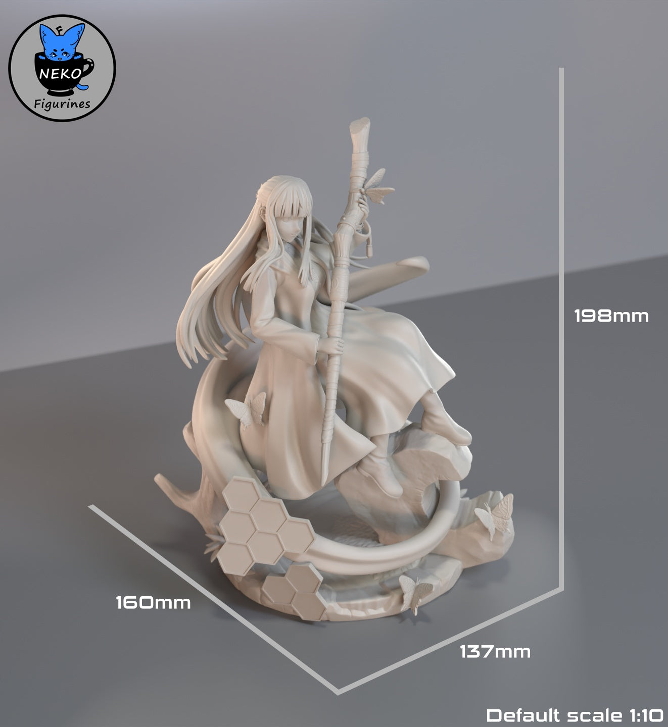 Unpainted Fern figurine showing scale measurements, with staff and base dimensions noted