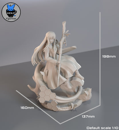 Unpainted Fern figurine showing scale measurements, with staff and base dimensions noted