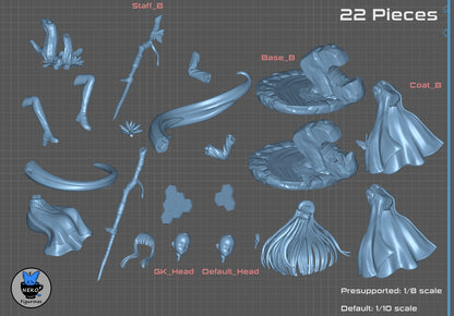 Fern figurine modular parts layout with labeled components including heads, base, coat, and staff
