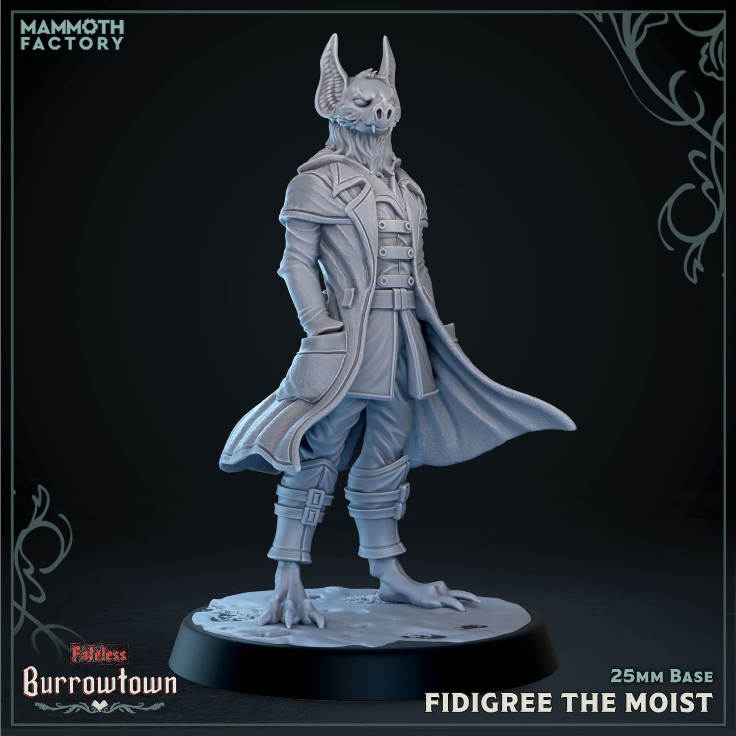 Anthropomorphic batkin rogue miniature standing with long coat and flowing cloak, clawed feet visible, humanoid bat character for Dungeons and Dragons Pathfinder tabletop RPG.