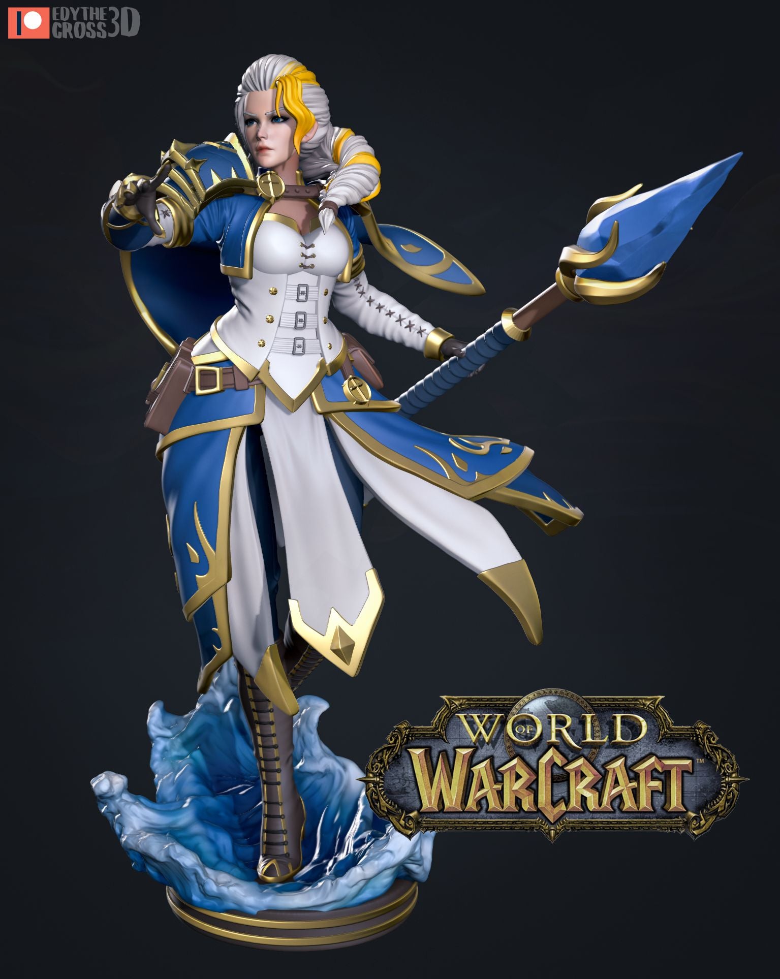 Detailed 75mm or 1:10 collectible figurine of Jaina Proudmoore from World of Warcraft, holding a staff with water swirling at her feet. Her intricate armor and flowing cape evoke her role as a powerful mage and leader.