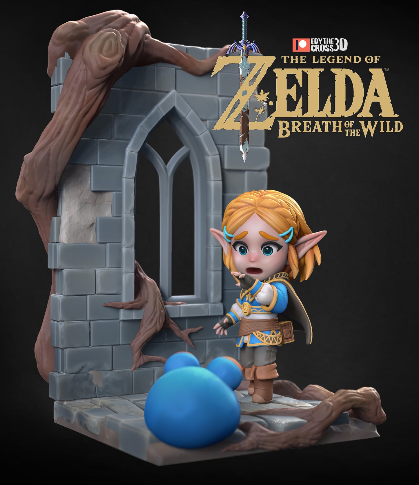 Colored render of chibi Zelda display facing chuchu jelly with detailed vine-covered ruins in background.