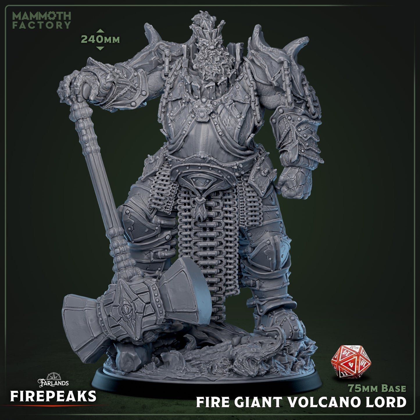 Fire Giant Volcano Lord miniature wielding a massive hammer, wearing heavy plate armor with chains and molten details, standing on a rocky base – fire giant miniature for Dungeons & Dragons, Pathfinder, or Warhammer.