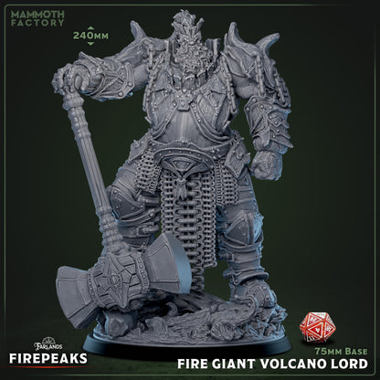 Fire Giant Volcano Lord miniature wielding a massive hammer, wearing heavy plate armor with chains and molten details, standing on a rocky base – fire giant miniature for Dungeons & Dragons, Pathfinder, or Warhammer.