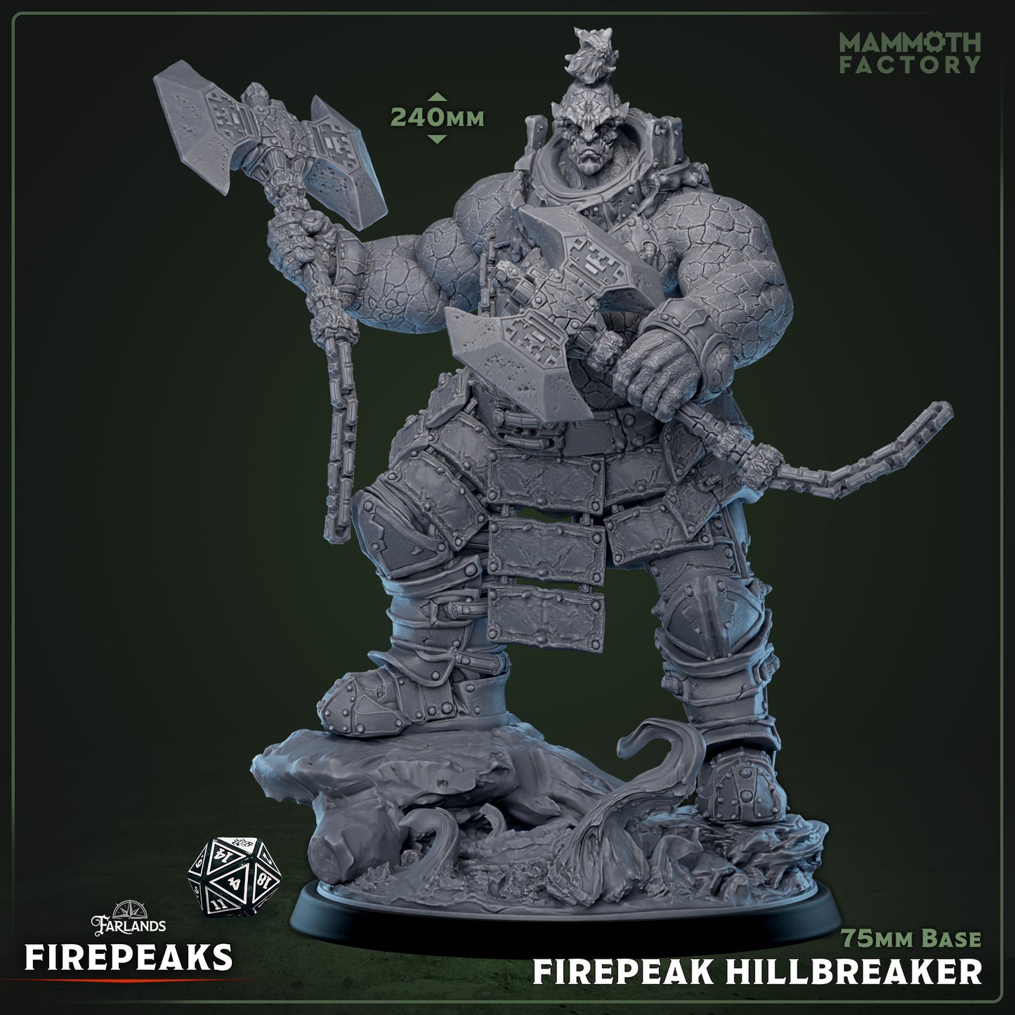 Fire Giant Hillbreaker fantasy miniature standing with massive dual axes, cracked stone skin, heavy plate armor, and dynamic rocky base with roots and debris, full front view.