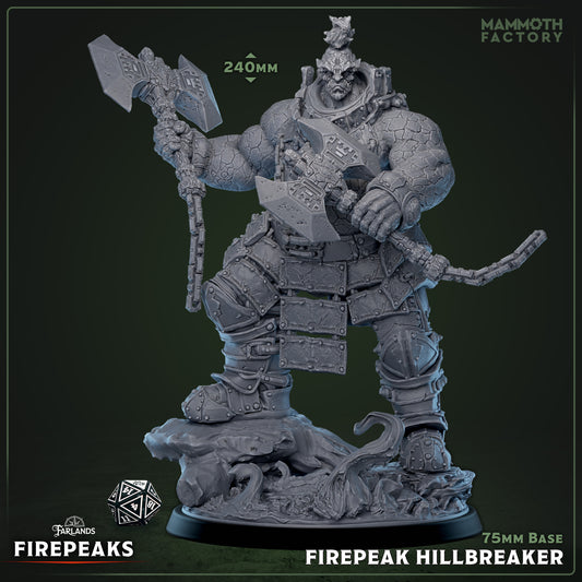 Fire Giant Hillbreaker fantasy miniature standing with massive dual axes, cracked stone skin, heavy plate armor, and dynamic rocky base with roots and debris, full front view.