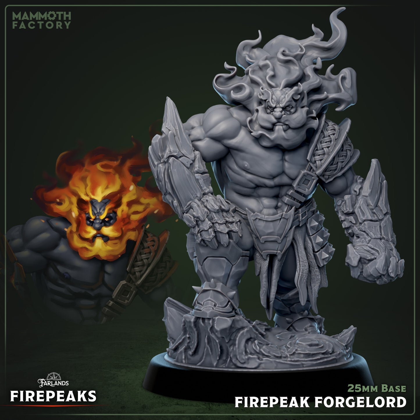 Firepeak Forgelord miniature depicting a muscular fire dwarf with a flaming beard and hair, volcanic stone gauntlets, and smithing attire, standing on a lava-textured base – fire dwarf smith miniature for Dungeons & Dragons, Pathfinder, or Warhammer.