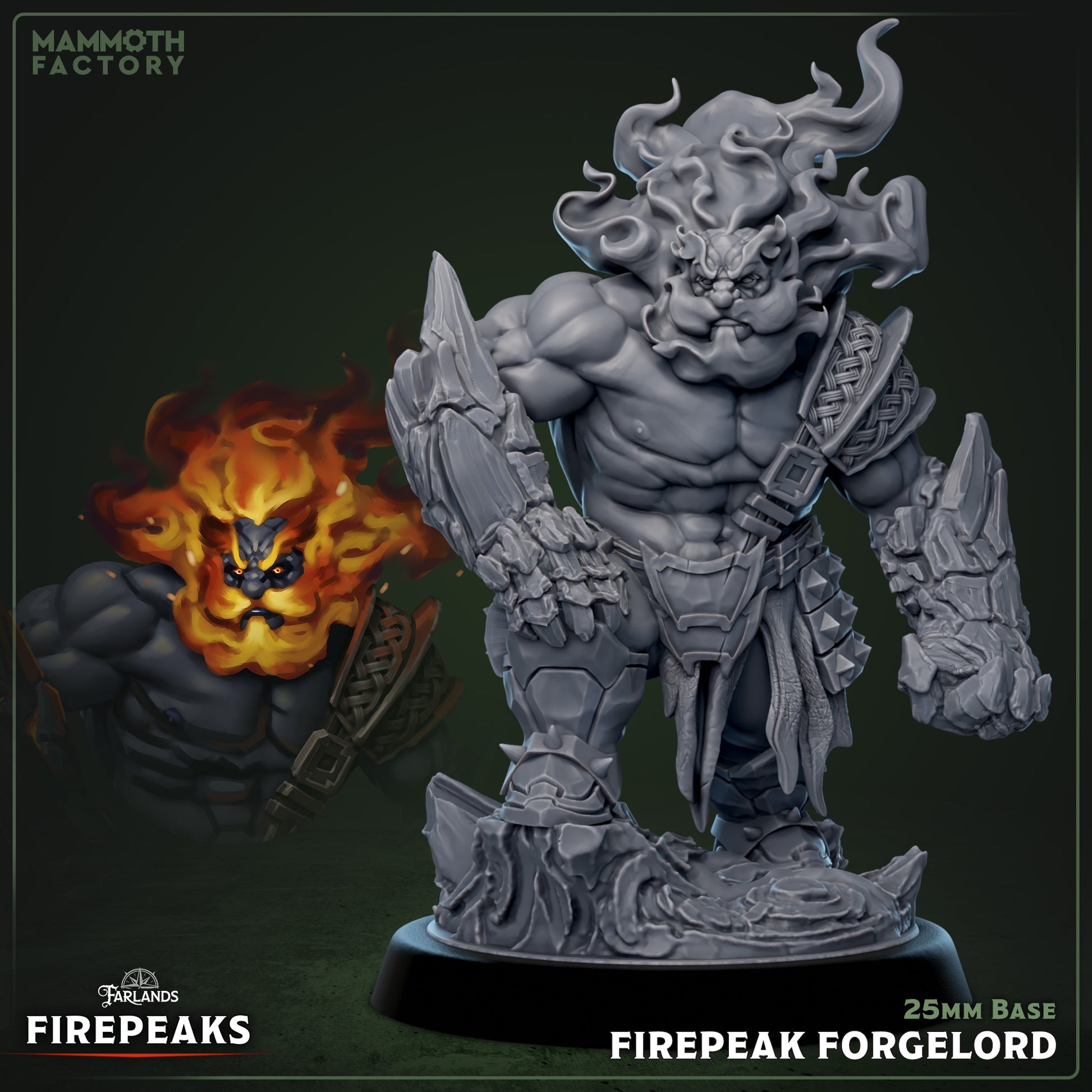 Firepeak Forgelord miniature depicting a muscular fire dwarf with a flaming beard and hair, volcanic stone gauntlets, and smithing attire, standing on a lava-textured base – fire dwarf smith miniature for Dungeons & Dragons, Pathfinder, or Warhammer.