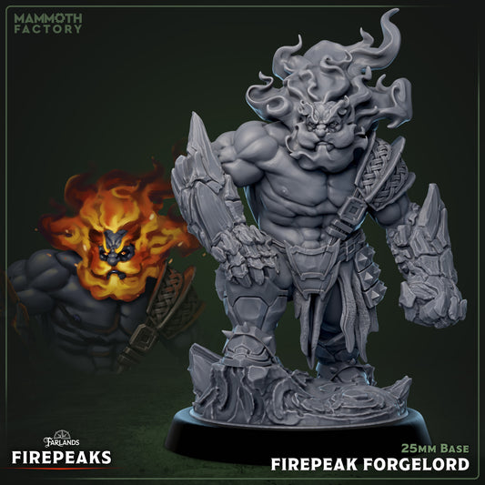Firepeak Forgelord miniature depicting a muscular fire dwarf with a flaming beard and hair, volcanic stone gauntlets, and smithing attire, standing on a lava-textured base – fire dwarf smith miniature for Dungeons & Dragons, Pathfinder, or Warhammer.