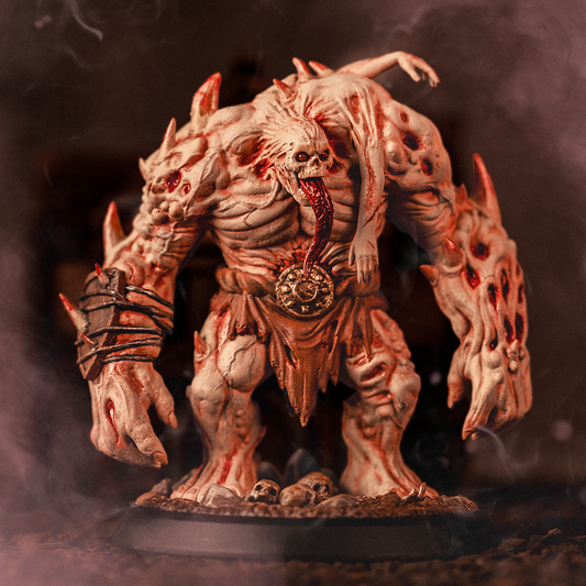 Flesh Golem painted miniature featuring open maws, protruding tongues, spikes along both arms, a rotting face with stitched flesh, and a screaming smaller head erupting from its shoulder.