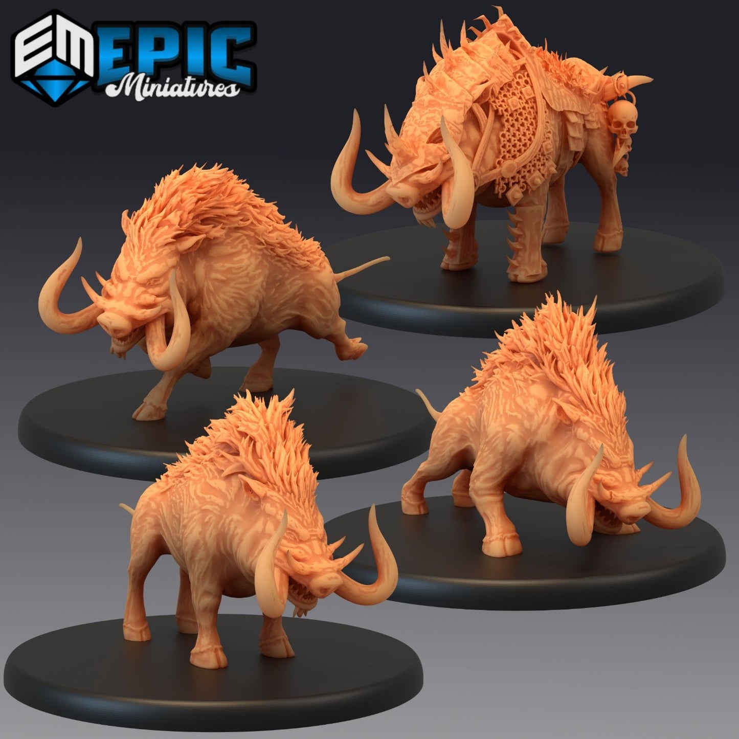 Collection of Forest Boar miniatures in various poses: standing, running, attacking, and armored—basically a boar that can't decide if it’s a fighter, sprinter, or fashion model.