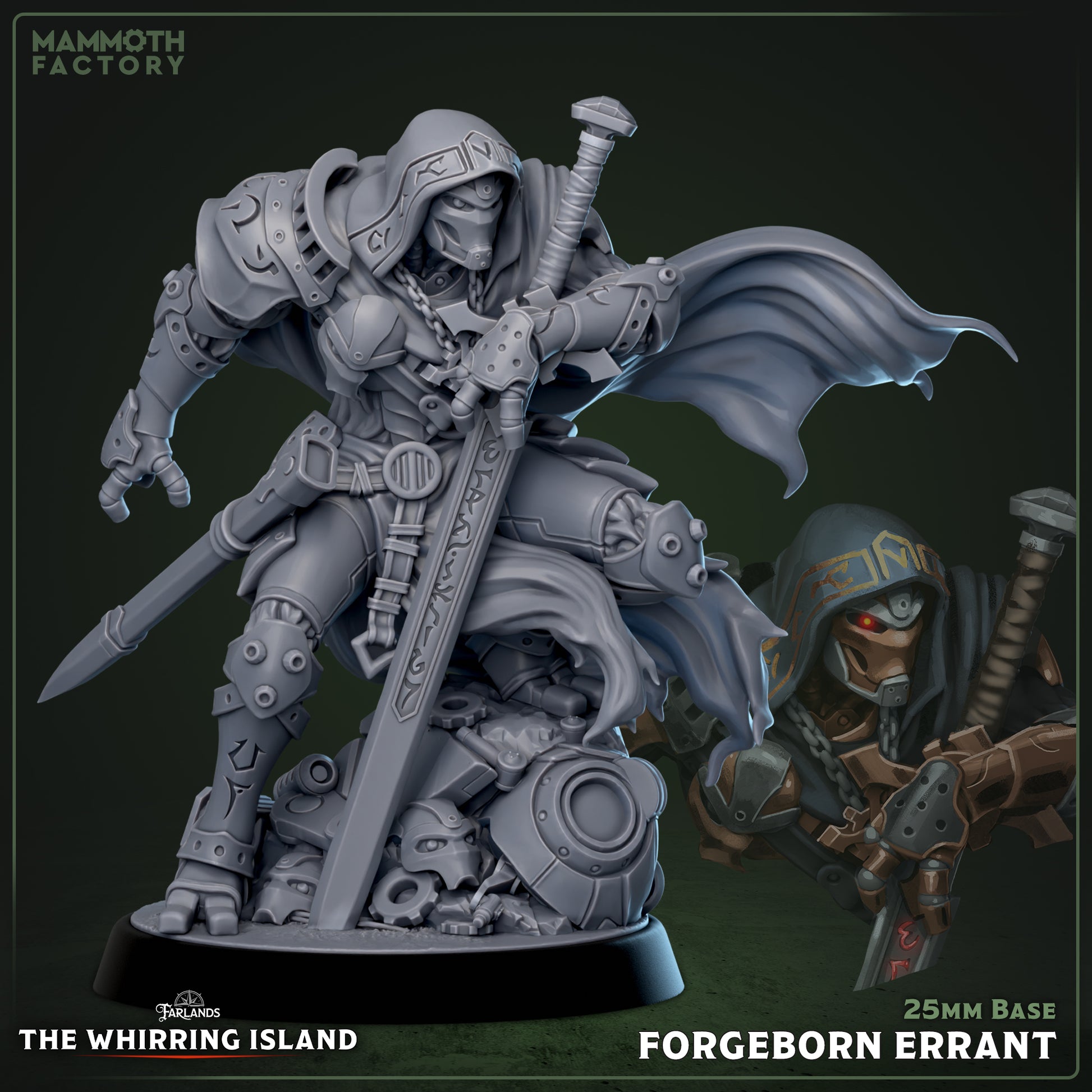Forgeborn Errant construct vanguard miniature advancing with oversized greatsword, flowing cloak, reinforced armor, and aggressive forward combat stance for fantasy tabletop RPGs