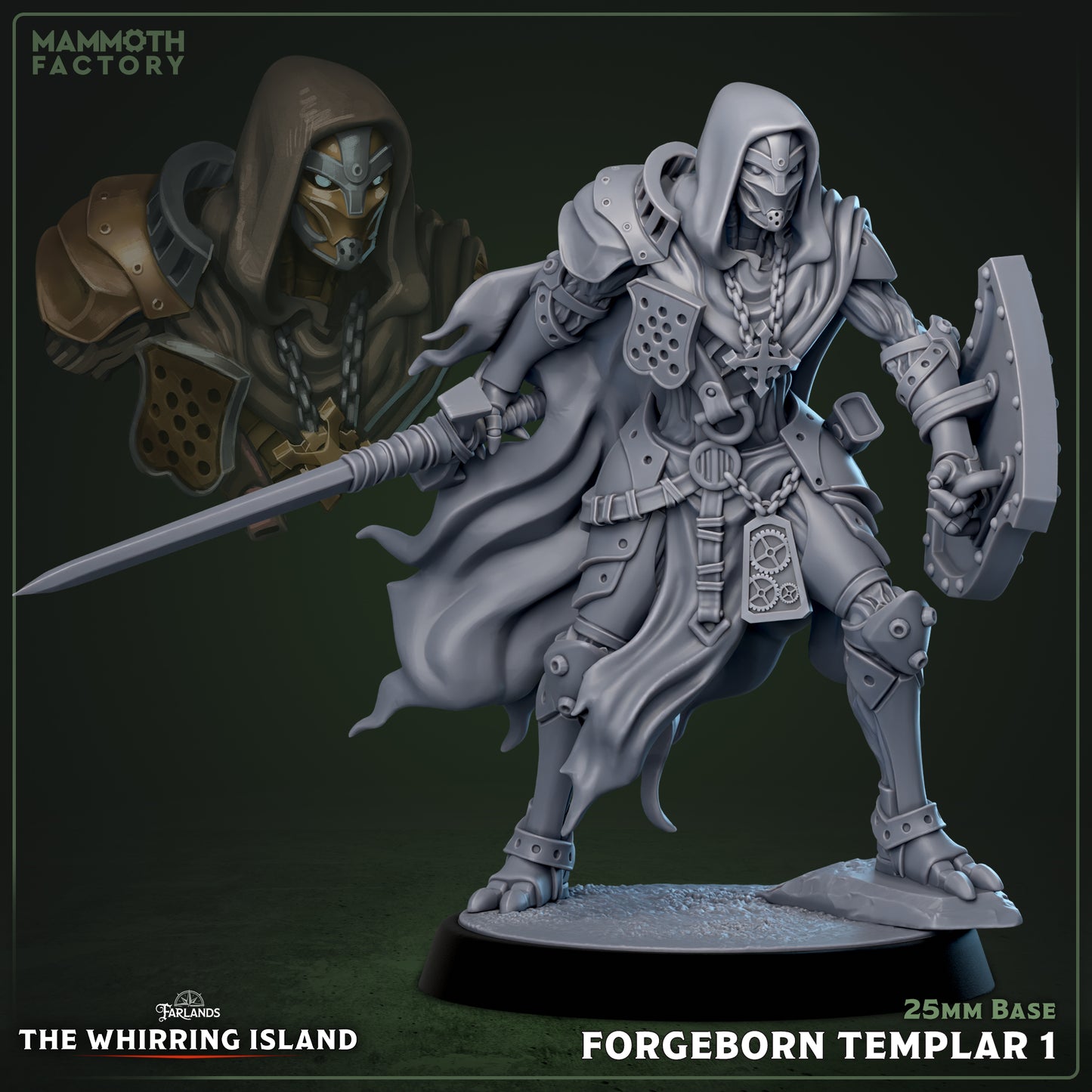 Forgeborn Templar warforged knight advancing with sword and shield, flowing cloak, reinforced armor plates, and guarded combat stance